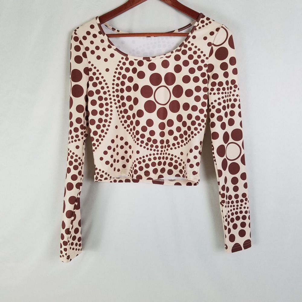Shein Shirt Womens Large Beige Red Fitted Crop Top Long Sleeve Round Neck